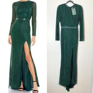 MAC DUGGAL DRESS 6 GREEN FALL WEDDING GUEST MOB LONG FORMAL GOWN FESTIVE BEADED